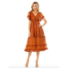 MAC DUGGAL Dress Size 6 Orange Brown Midi NEW Ruffle Sleeve V Neck
