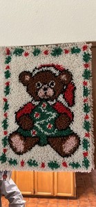 Handcrafted Latch Hook Rug/Wall Hanging Teddy Bear Santa Hat Holly Border