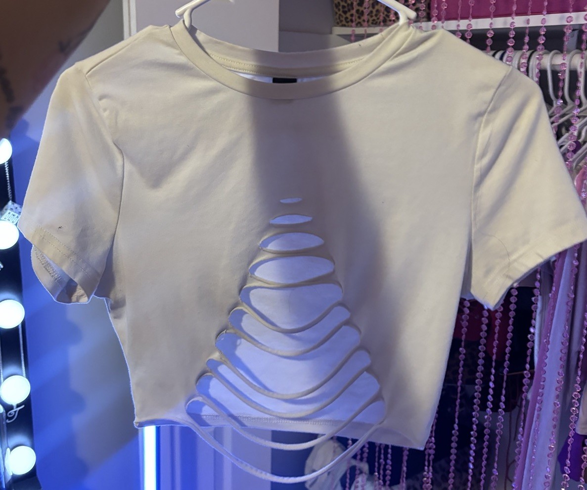 Women’s White Solid Cut-Out Front Crew Neck Cropped T-Shirt Short Sleeve M