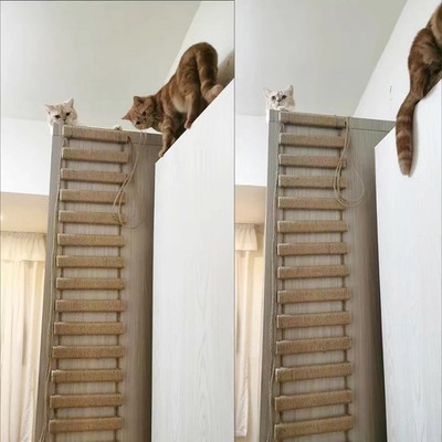 Cat Climbing Bridge Ladder Sisal Rope Wall Mounted Wooden Cat Tree Furniture