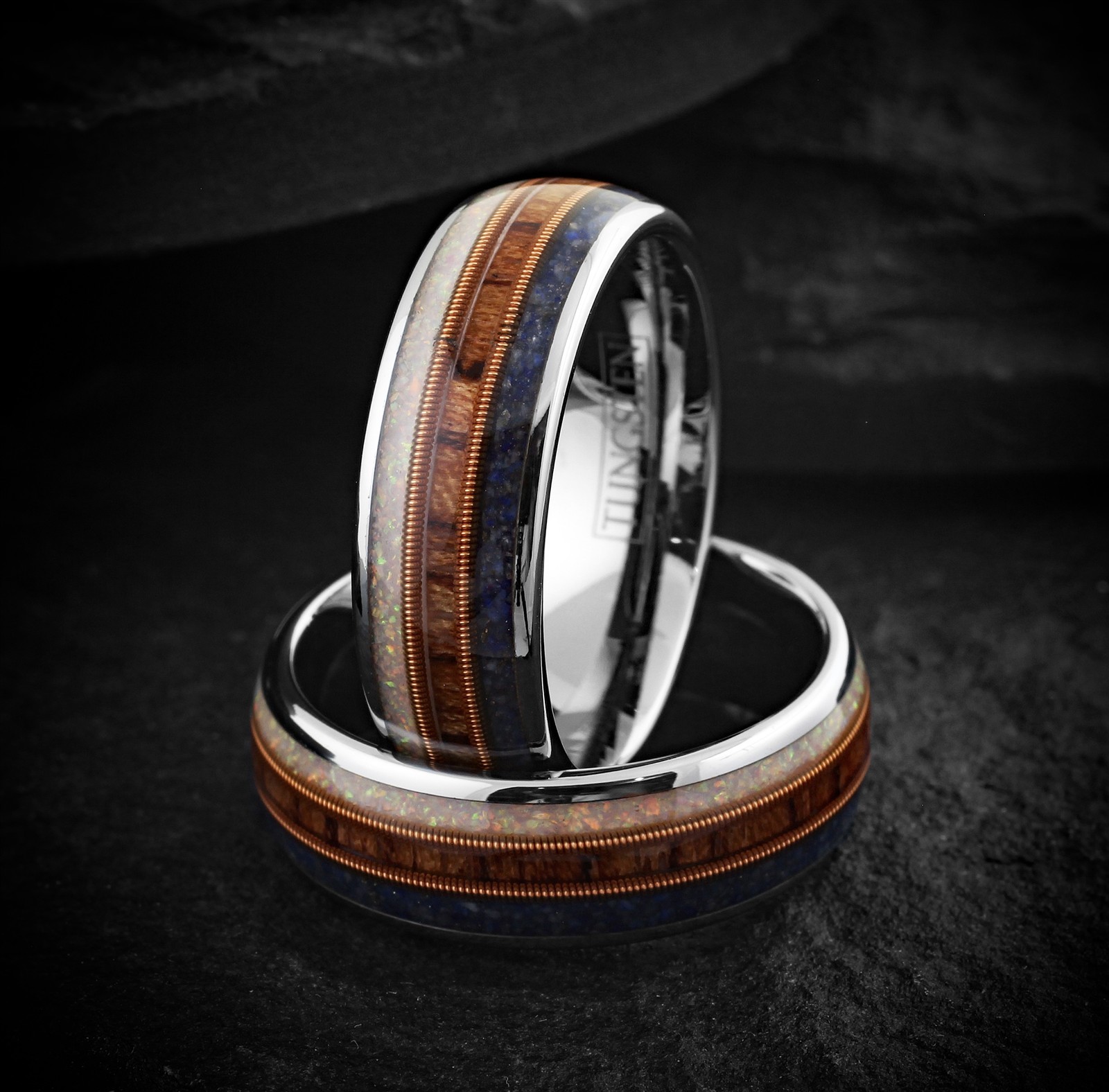 Tungsten Carbide Blue Lapis Rosewood & Opal with Guitar String Wedding Band Ring