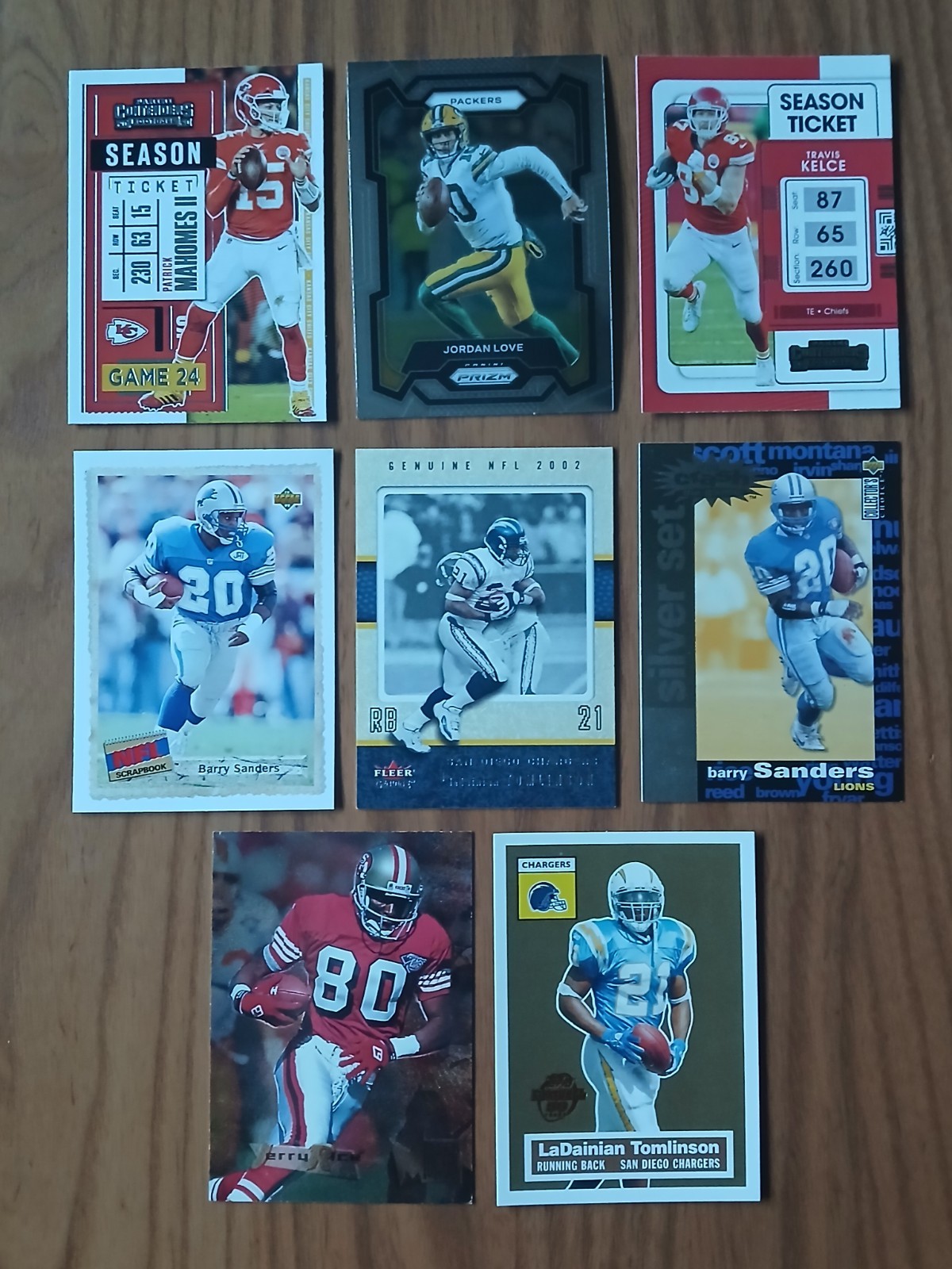 Lot of 8 - NFL Cards w INSERTS - PATRICK MAHOMES JORDAN LOVE BARRY SANDERS RICE