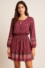 American Eagle Paisley Boho Mini Dress XS Long Sleeve Smocked Waist Beach 
