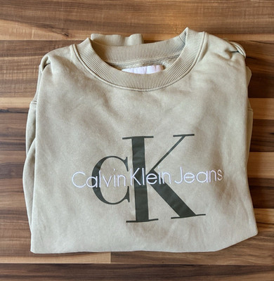 Calvin Klein Jeans Herren Pullover Beige Logoprint Rundhals Langarm Gr. L