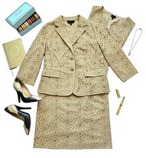 Talbots 3Pc Eyelet SKIRT SUIT Beige Size 12 Blazer Top Petite Set