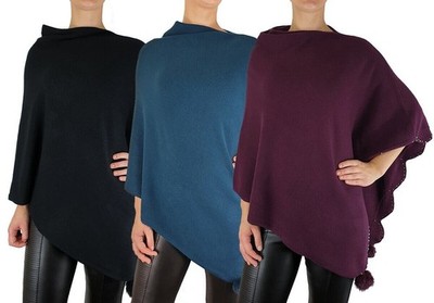Damen Poncho Cape Oberteil Strick Einheitsgröße lang warm weich Bommel Premium