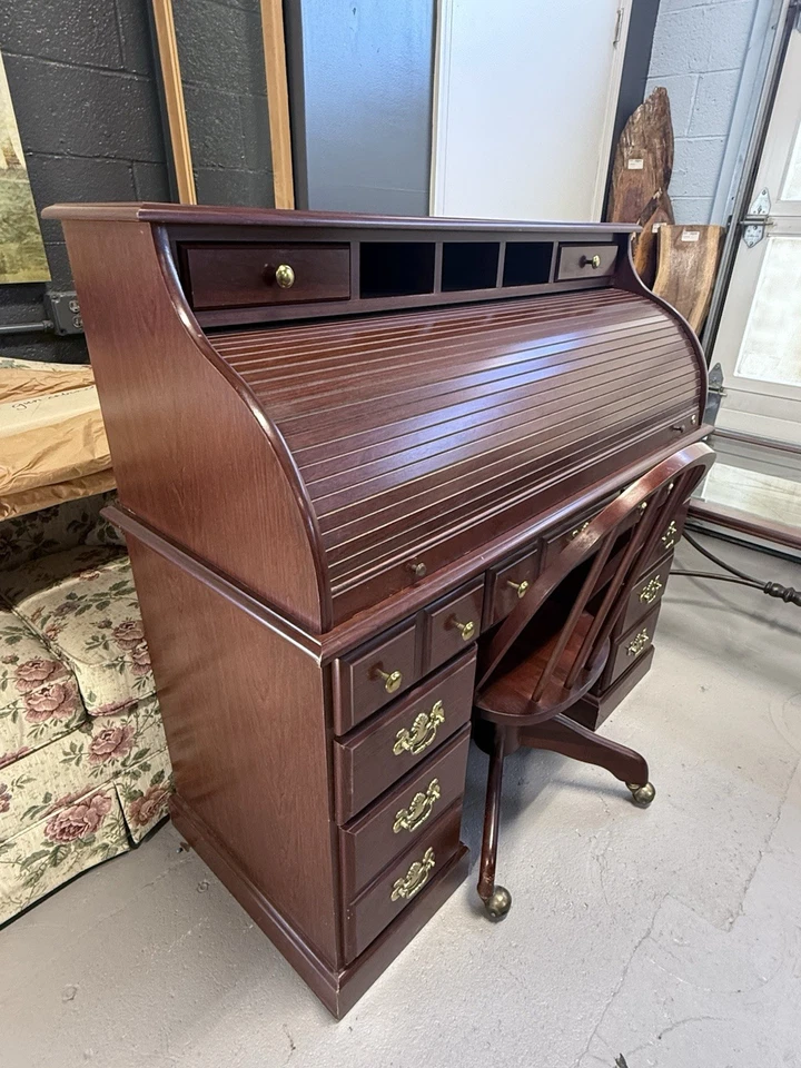 Vtg Wood Roll Top Desk w/ Chair Secretary Office Library Home Storage Drawers - Image 4 of 4