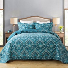 Travan 3-Piece Cotton Quilt Set Quilted Bedding Set for All Season, Cyan Blue...