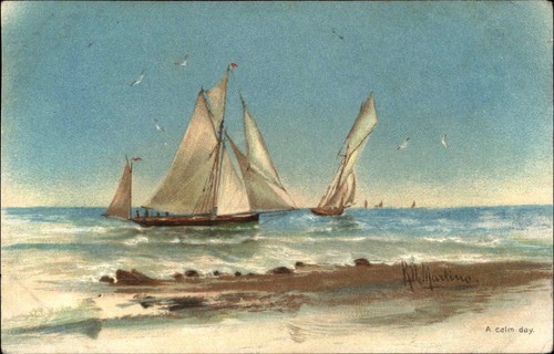 Segelboote Ein ruhiger Tag RJ Martins um 1900-20er Jahre Vintage Postkarte
