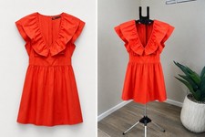 ZARA Women’s CoralRed Ruffle Mini Dress M Flutter Sleeve Made in Turkey NWT
