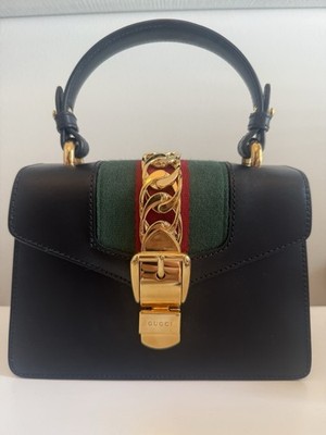 Authentic Gucci Sylvie Top Handle Bag Black Leather Web Stripe