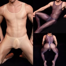 Men's Oil Shiny Glossy Bodysuit Stretch Jumpsuit Sleeveless Bodystocking Catsuit