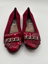AGL Attilio Leombruni Patent Cap Toe Flats Shoes Red Suede Kiltie size 39.5