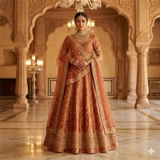 Sanskriti Vintage Peach Pure Silk Unstitch Lehenga Hand Embroidery Zardozi Zari
