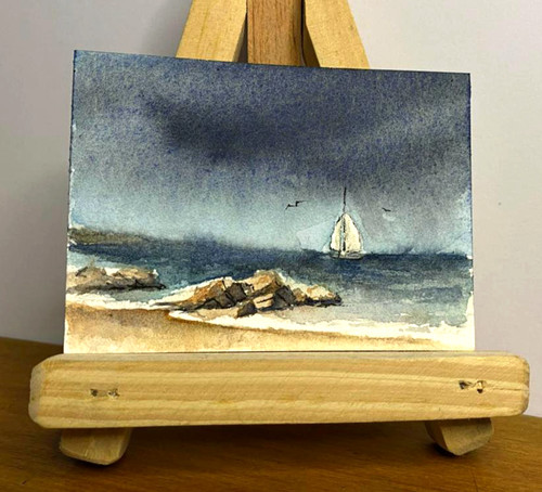 ACEO Original Watercolor Stormy Ocean Sailboat Seascape Moody Nautical OOAK Art