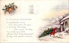 Christmas Handshake Golden Bells Wrapped in Holly Christmas Tree Postcard 28467