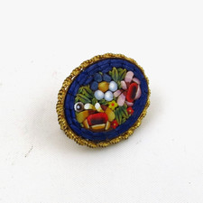Antique Victorian Micro Mosaic Italian Blue Floral Oval Pin Gold Washed Brass
