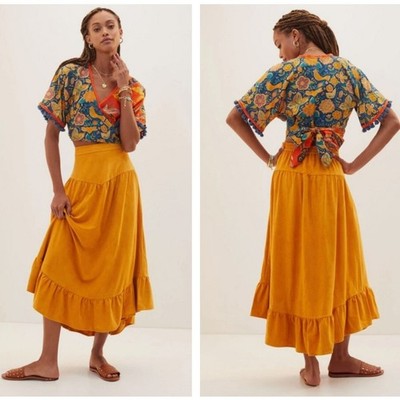 ANTHROPOLOGIE Faux Suede Yoked Maxi Skirt Honey Mustard Yellow Sz L {U45}