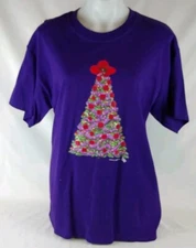 Gildan Red Hat Christmas Tree Purple Short Sleeve Cotton Shirt Women's Sz Large