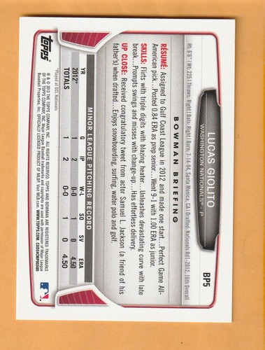 Lucas Giolito Washington Nationals 2013 Bowman Prospects #BP5 - Picture 2 of 2