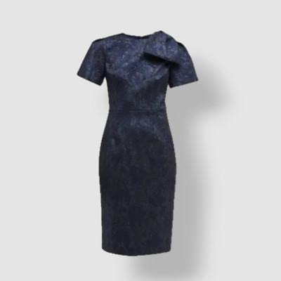 $520 Rickie Freeman Women's Blue Short-Sleeve Floral Jacquard Bow Dress Size 2
