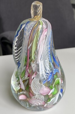 VTG Murano Avem Tutti Frutti Art Glass Confetti Cane Aventurine Pear Paperweight