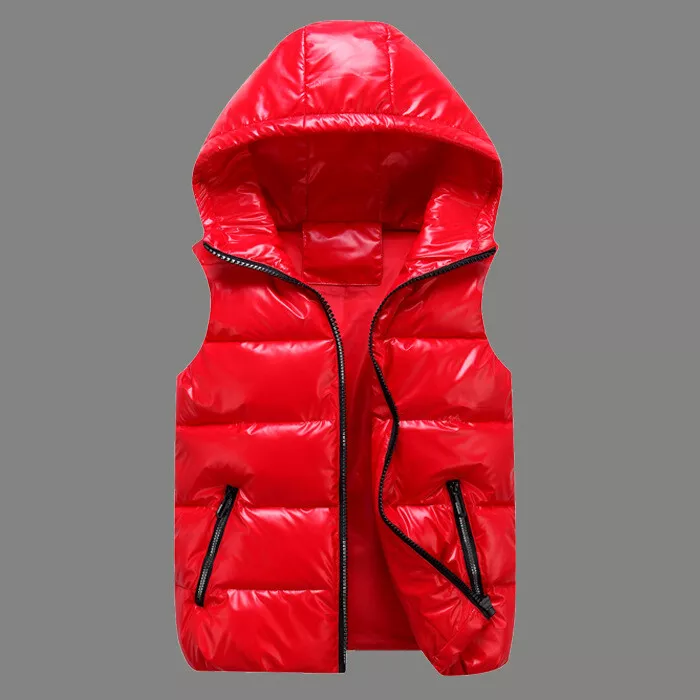 Womens Shiny Color Hoodie Sleeveless Padded Puffer Vest Outdoor Zipper Waistcoat