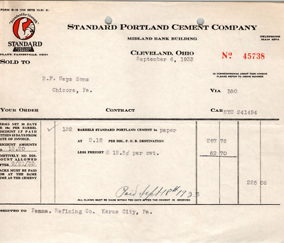 Standard Portland Cement Cleveland OH 1933 Billhead