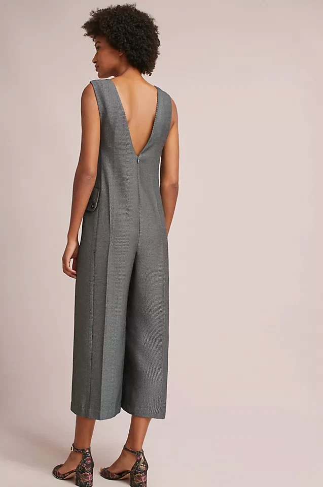 Anthropologie Cartonnier Oxford Jumpsuit Women's M Black Gray Chevron Poly Blend - Image 4 of 4
