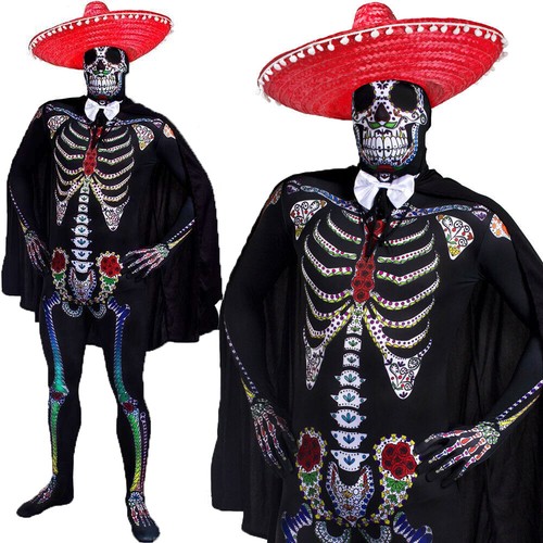 Para Hombre Día De Los Muertos Disfraz Esqueleto traje para ciclismo  Sombrero Capa Pajarita Vestido de fantasía | eBay