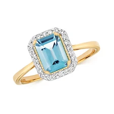 9ct Yellow Gold Real Diamond and Blue Topaz Coctail Ring, Sizes J to Q (446)