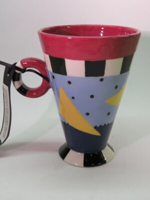 Hand Painted Ceramic Coffee Tea Mug Cup ~ 2002 SUSAN WOLF Blue Bottom Design