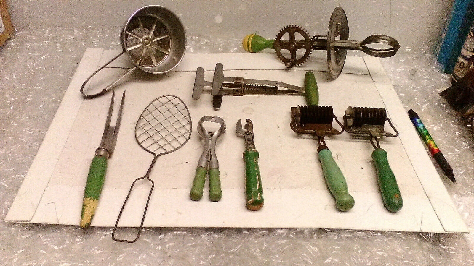 Antique Kitchen Ware Depression Era Green Wood Handle Chopper Opener Egg Beater