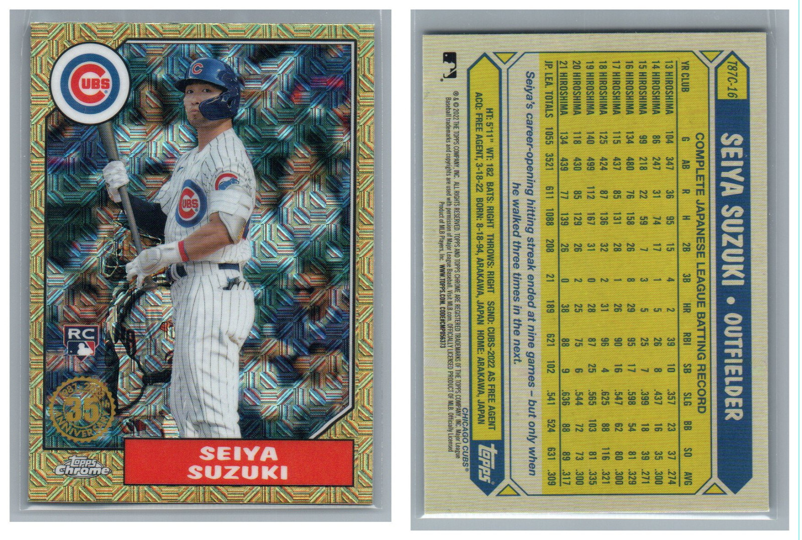 2022 TOPPS UPDATE SILVER PACK 1987 CHROME RC T87C-16 SEIYA SUZUKI CUBS