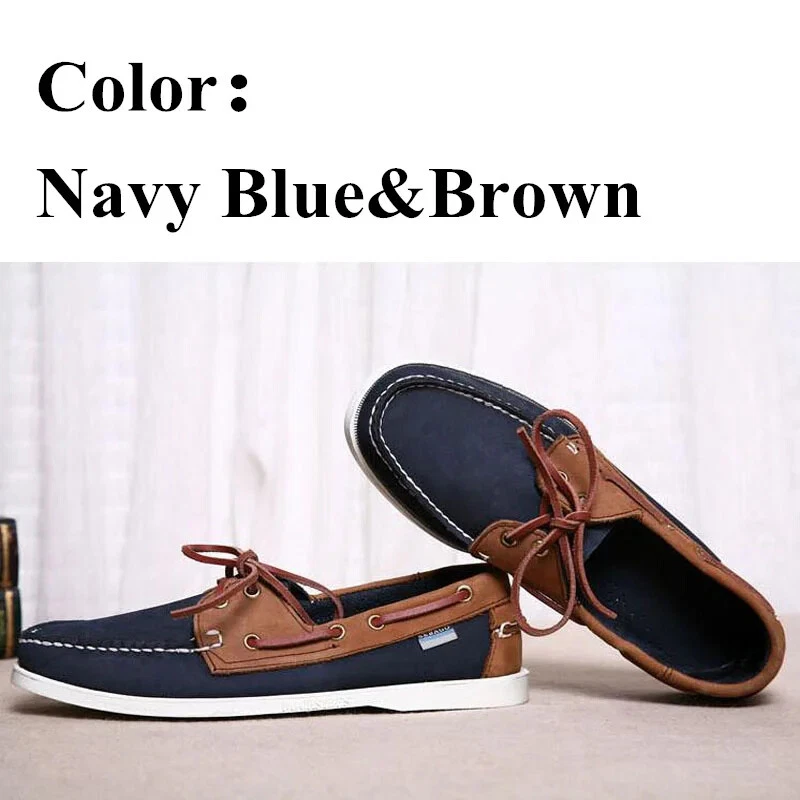 Men Genuine Leather Classic Boat Shoes Navy Blue Flats Loafer Casual Board Boots - Image 3 of 4