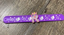 Justice purple initial R unicorn glitter shaker Rubber slap bracelet