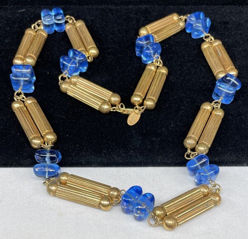 Miriam Haskell Chunky Necklace Rare Vintage Gilt Blue Glass 28" Signed A55