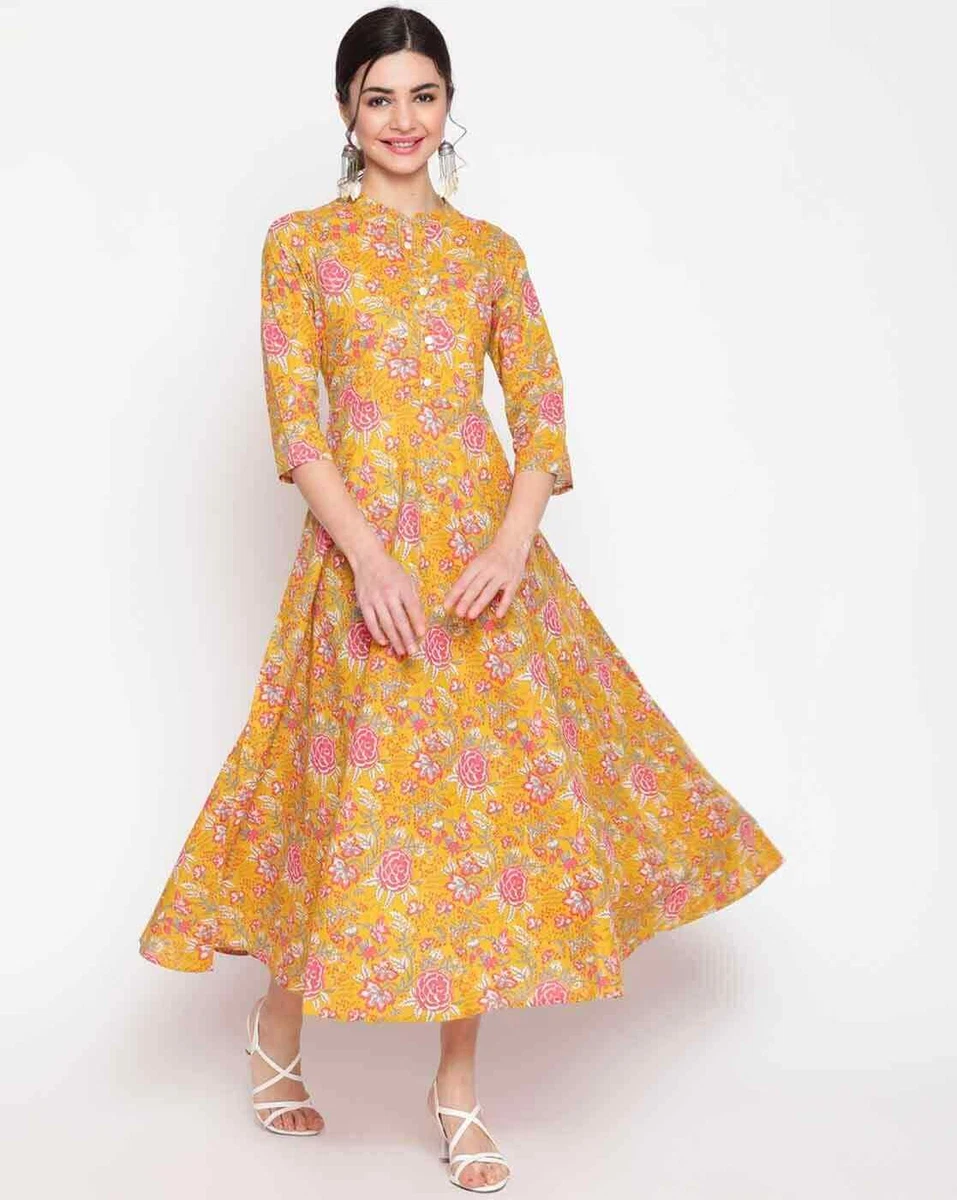 Ethnicity Women Yellow Floral Printed V-Neck Kurti - Absolutely Desi