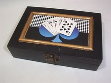 Playing Cards Vintage Wood Storage Box Primitive Art Holds Two Decks
