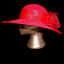 Red Straw Feather Bow Capeline Sun Wide Brim Kentucky Derby Chuch Lady Hat sz 7