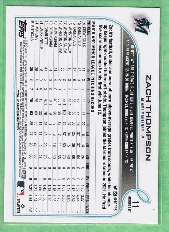 2022 Topps Opening Day #11 Zach Thompson Miami Marlins Rookie - Image 2 of 2