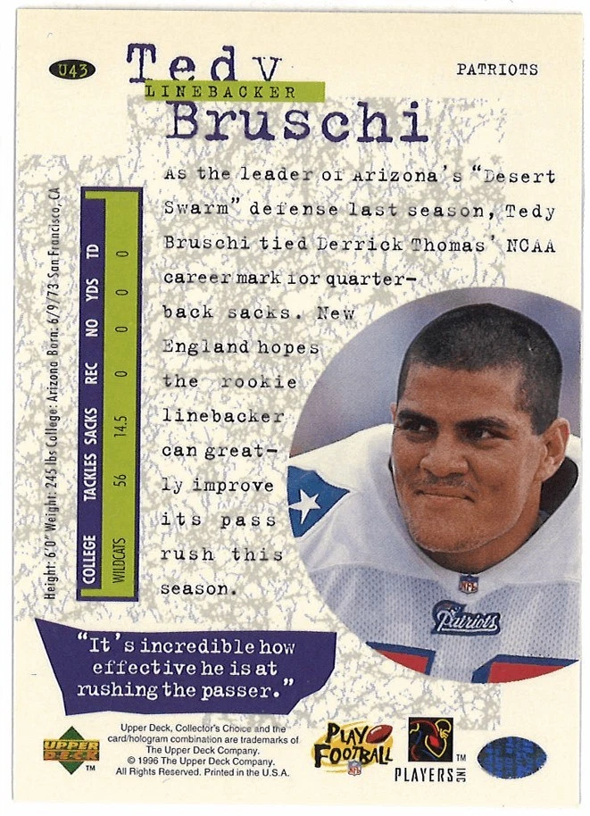 1996 Upper Deck Collector's Choice Update - Tedy Bruschi #U43 (RC) - Image 2 of 2