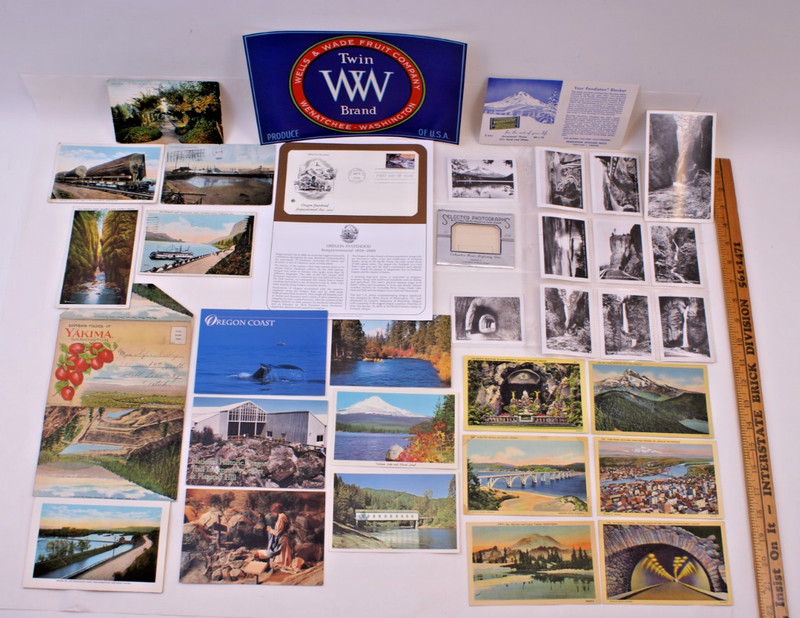33 PC LOT OREGON PAPER, POSTCARDS, FRUIT LABLE & PHOTOS - ANTIQ & VINTAGE ORIG