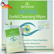 NOVEHA 60Pcs Tea Tree Oil Eyelid & Lash Wipes | with Hyaluronic Acid, Green Tea 