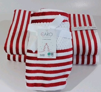 4 Pc Caro Holiday Towels Red Candy Striped With White Texture, Christmas