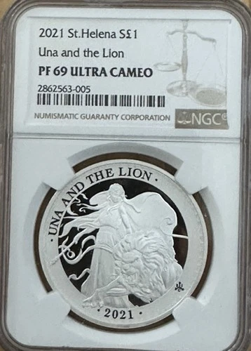 2021 St  Helena Una and The Lion 1 oz Silver Proof NGC PF69 BOXCOA MILK SPOTS