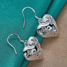 Womens 925 Sterling Silver Hollow Heart 31mm Long Drop Dangle Earrings E443