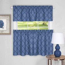 Colby 3-Piece Printed Kitchen Curtain Set, Blue, Tiers 58"X24", Swag 58"X14" New