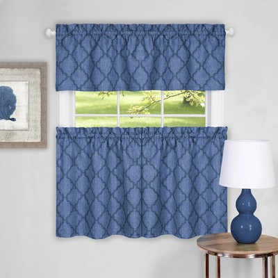 Colby 3-Piece Printed Kitchen Curtain Set, Blue, Tiers 58''X24'', Swag 58''X14'' New