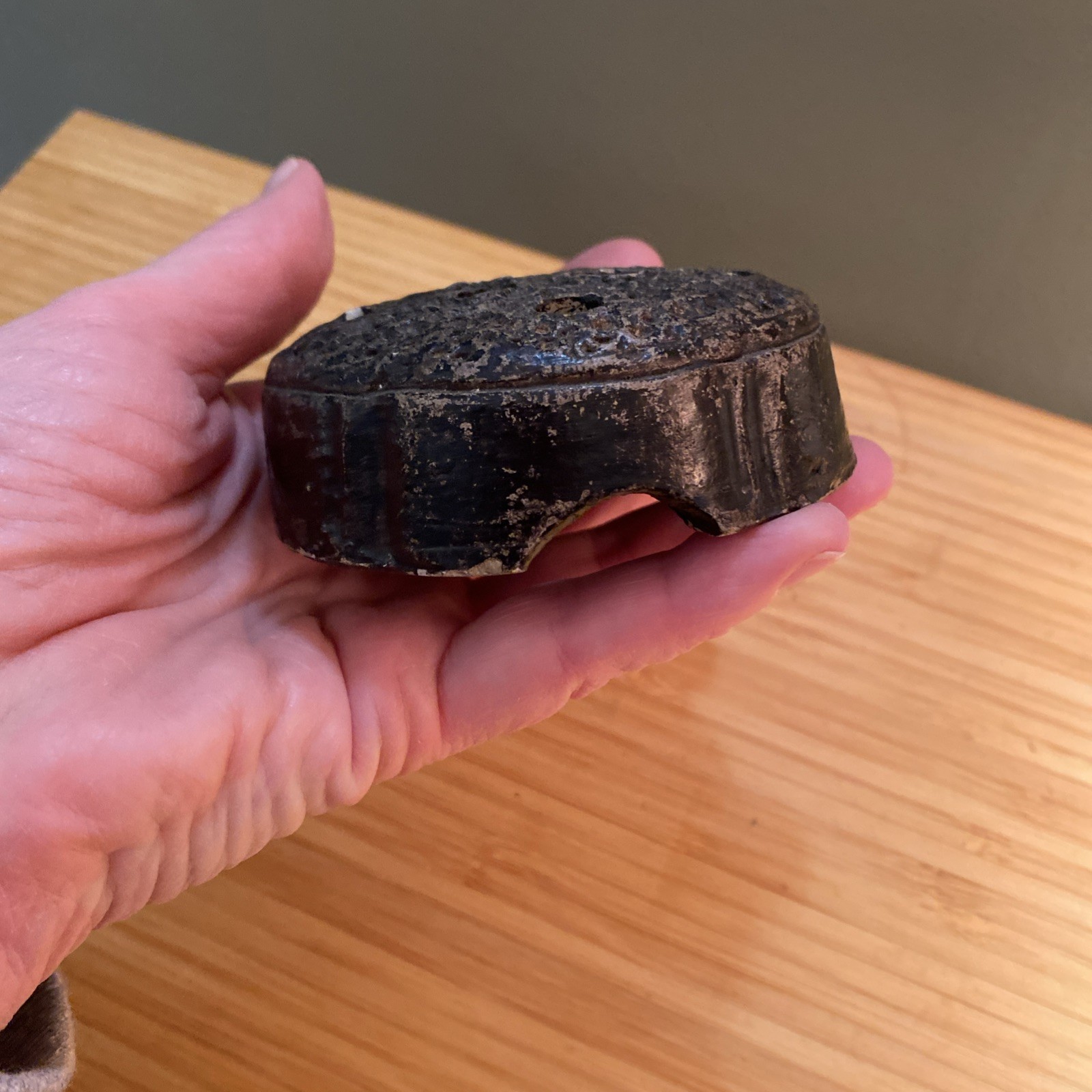 Vintage Black Pottery 10 Hole Flower Frog Made in Japan 3” x 1”